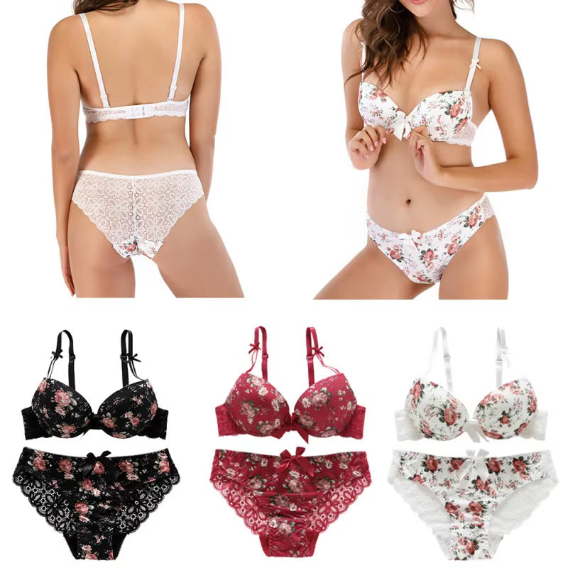 Floral Women Underwear Lace Sexy Push-Up Bra and Panty Lingerie Set Comfortable Padded Brassiere Adjustable Gathered Sets