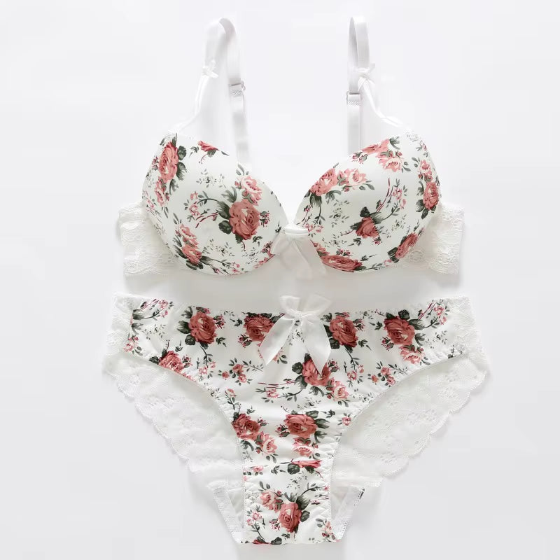 Floral Women Underwear Lace Sexy Push-Up Bra and Panty Lingerie Set Comfortable Padded Brassiere Adjustable Gathered Sets