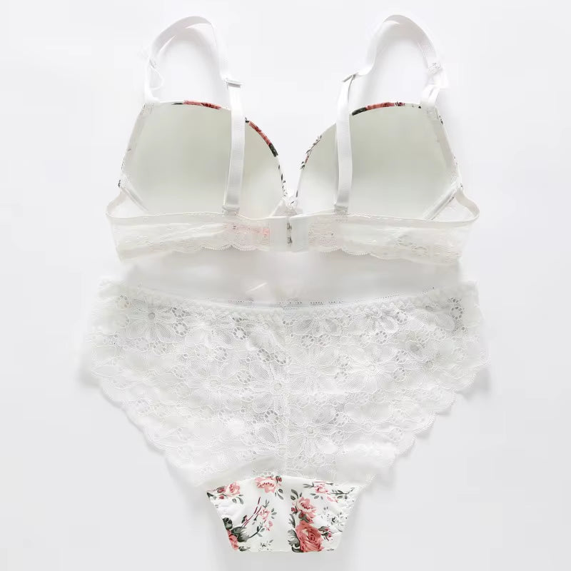 Floral Women Underwear Lace Sexy Push-Up Bra and Panty Lingerie Set Comfortable Padded Brassiere Adjustable Gathered Sets