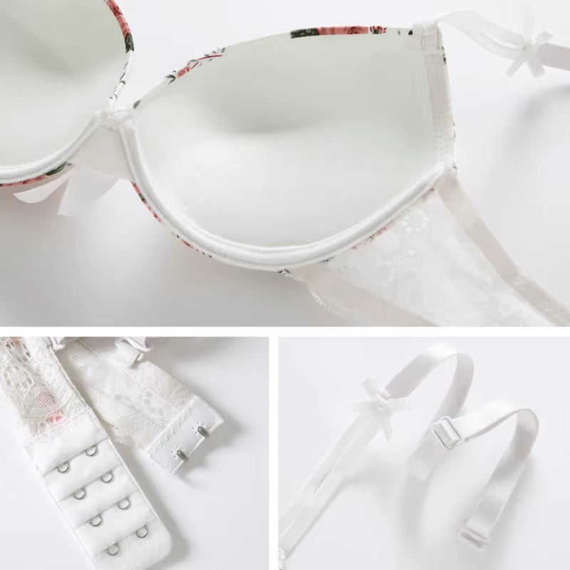Floral Women Underwear Lace Sexy Push-Up Bra and Panty Lingerie Set Comfortable Padded Brassiere Adjustable Gathered Sets