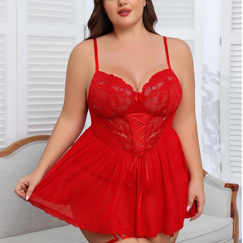Avidlove plus Size Lingerie for Women Lace Mesh Chemise Boudoir Nighty with Garter Belt