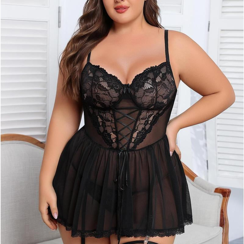 Avidlove plus Size Lingerie for Women Lace Mesh Chemise Boudoir Nighty with Garter Belt