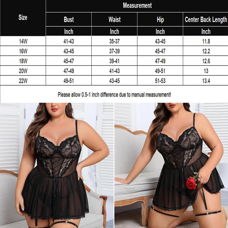 Avidlove plus Size Lingerie for Women Lace Mesh Chemise Boudoir Nighty with Garter Belt