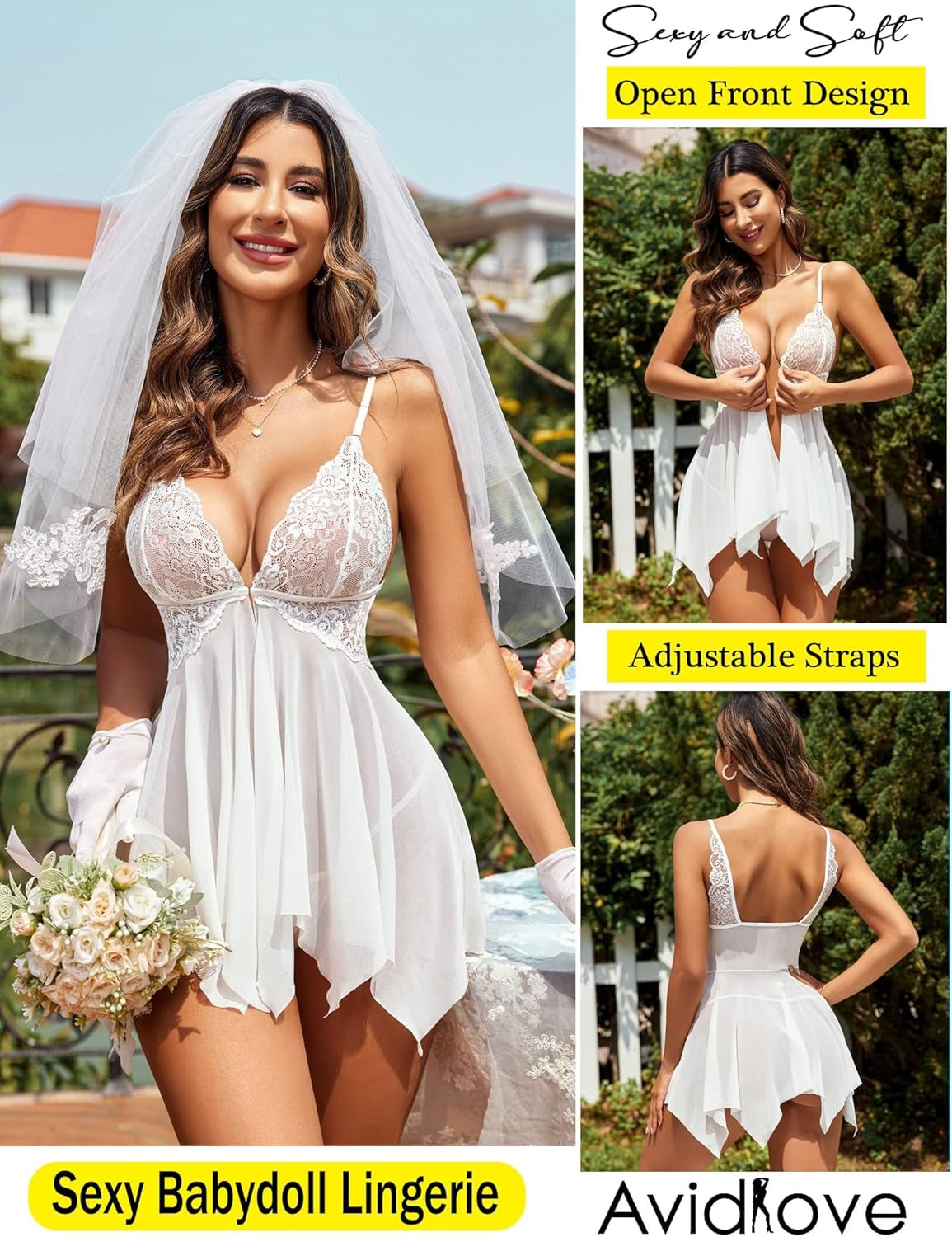 Women Lace Lingerie Front Closure Babydoll V Neck Nightwear Sexy Chemise Nightie