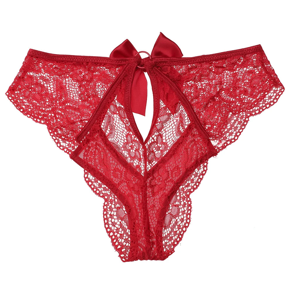 Meet'R Amazing Women Lingerie G String Lace Hollow Out Underwear Femal Sexy Cross Strap Panties Bow Transparent Knickers