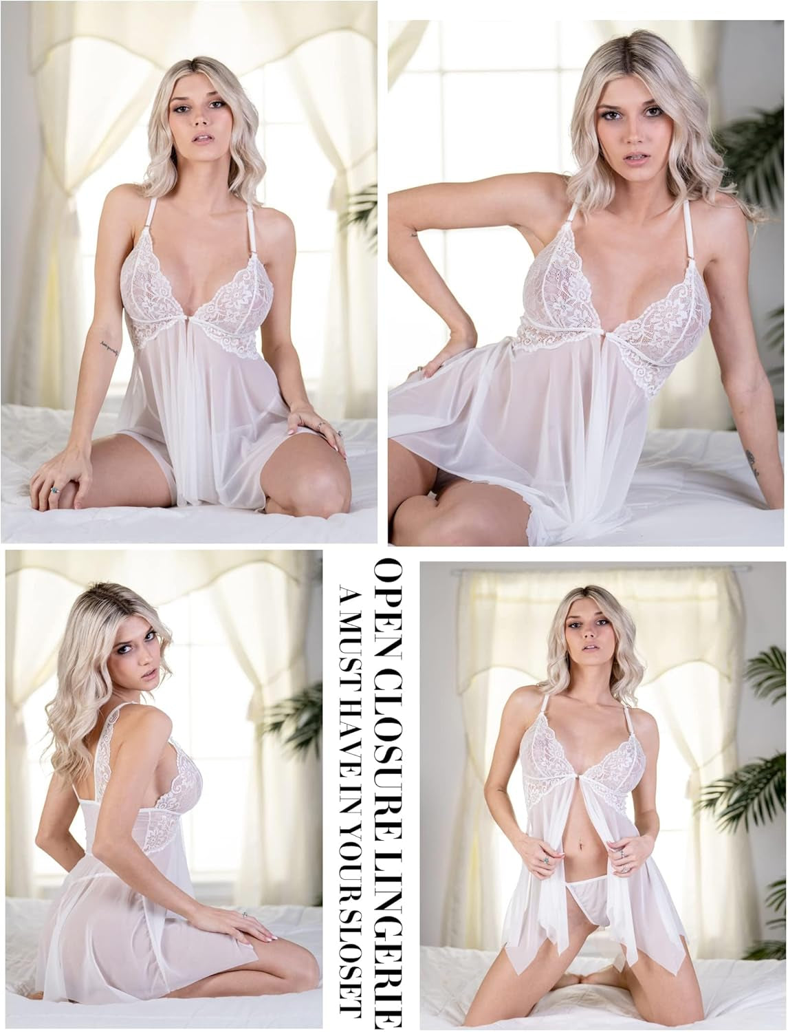 Women Lace Lingerie Front Closure Babydoll V Neck Nightwear Sexy Chemise Nightie