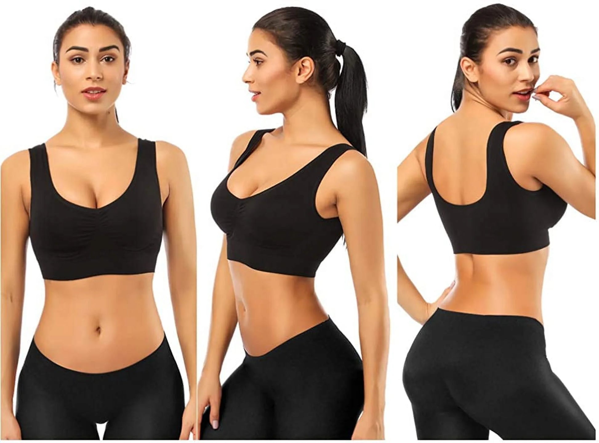 3 Pack Sports Bras for Women,Seamless Comfortable Bras Set with Removable Pads for Sleep,Pull on Closure,Black+White+Nude,L