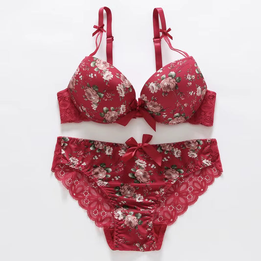Floral Women Underwear Lace Sexy Push-Up Bra and Panty Lingerie Set Comfortable Padded Brassiere Adjustable Gathered Sets