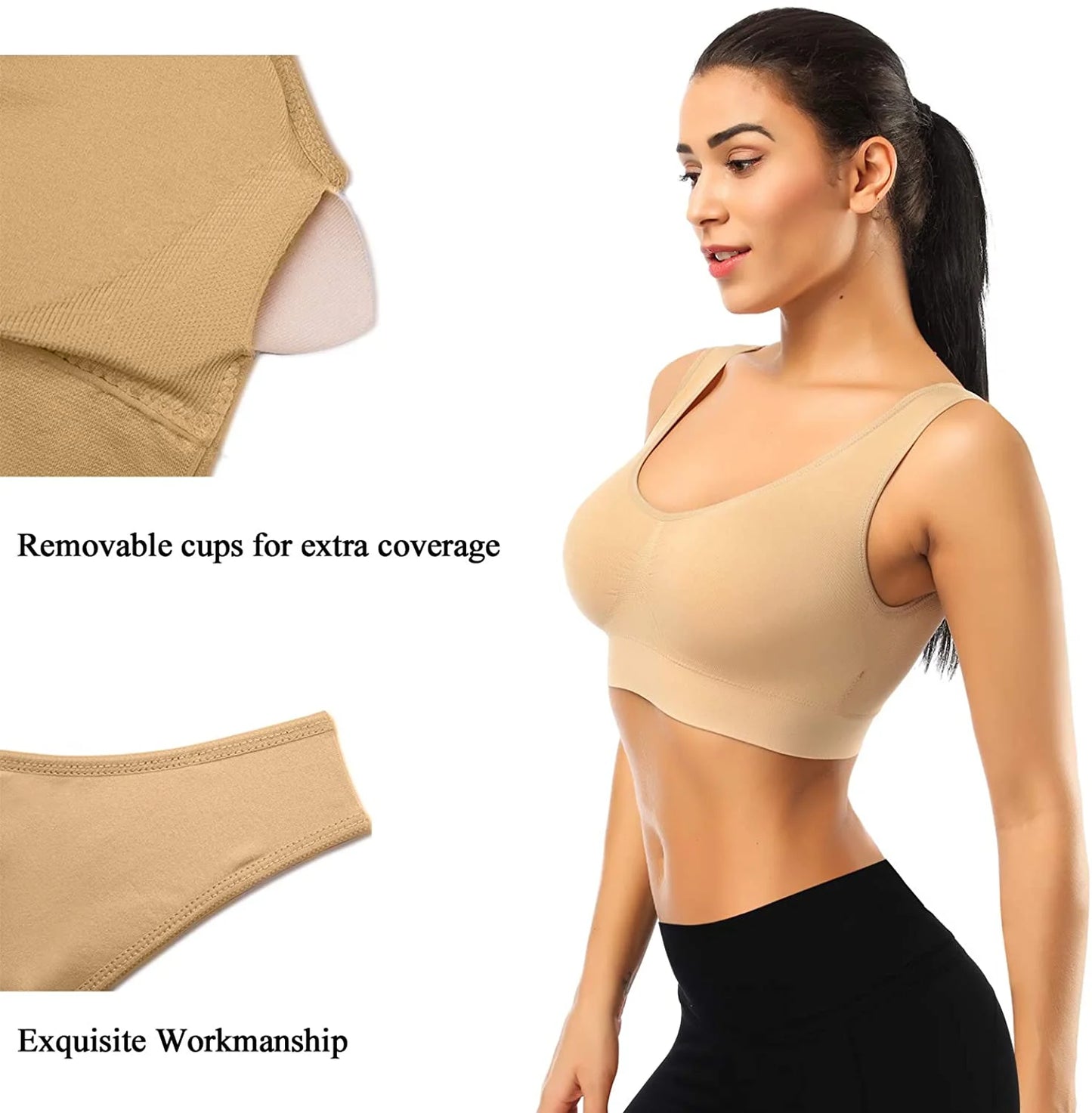 3 Pack Sports Bras for Women,Seamless Comfortable Bras Set with Removable Pads for Sleep,Pull on Closure,Black+White+Nude,L