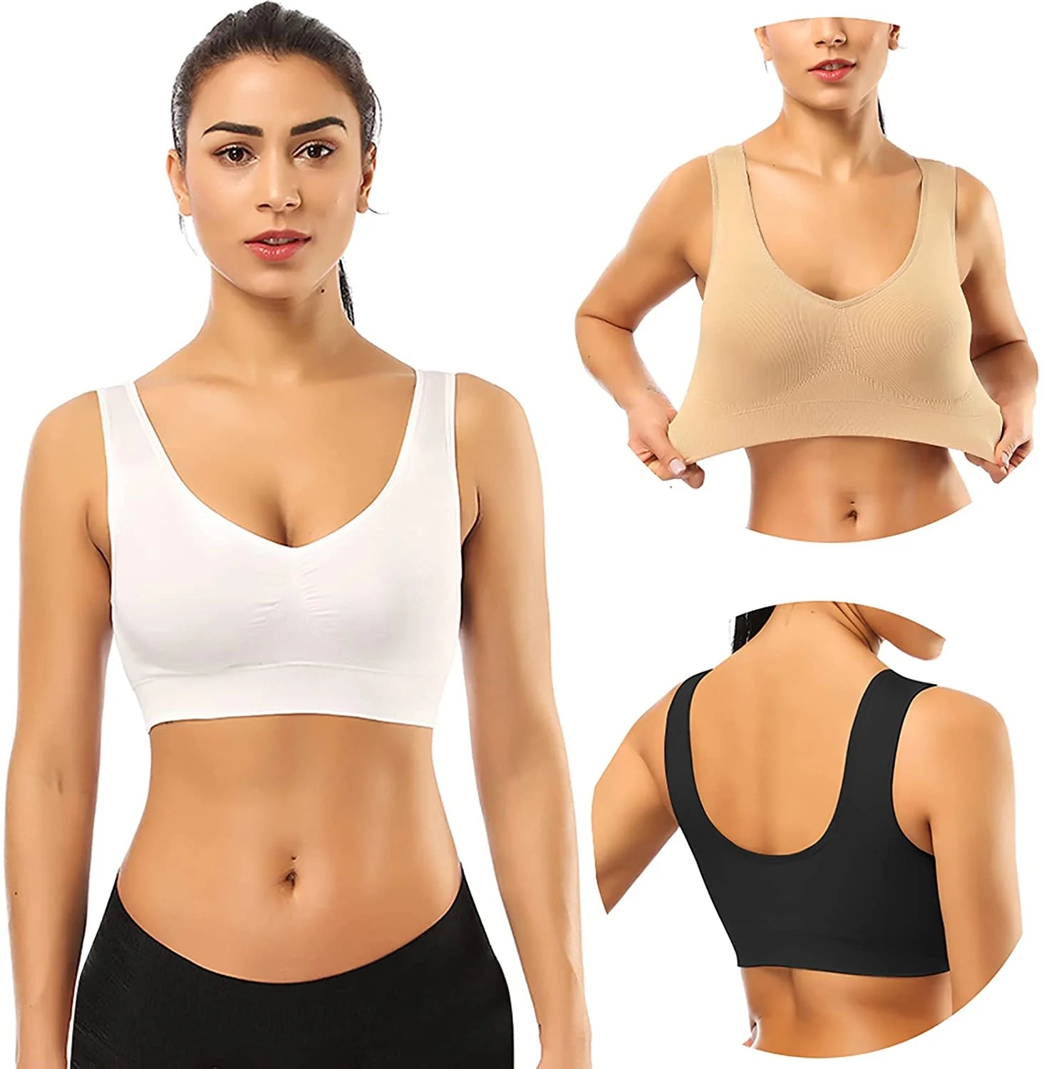 3 Pack Sports Bras for Women,Seamless Comfortable Bras Set with Removable Pads for Sleep,Pull on Closure,Black+White+Nude,L