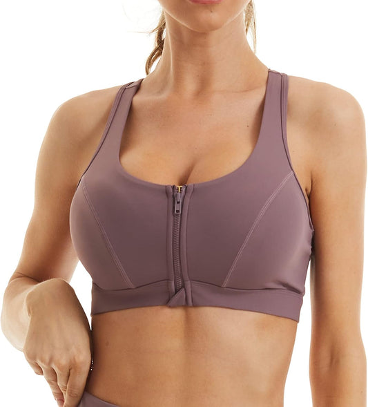 Womens Sports Bra with Zip Closure and Racerback,Wireless Bras,Four-Way Stretch Fabric with Removable Padded