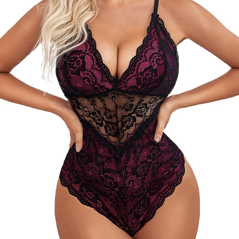 Avidlove Lingerie for Women One Piece Bodysuit with Buttoned Closure and Contrast Lace
