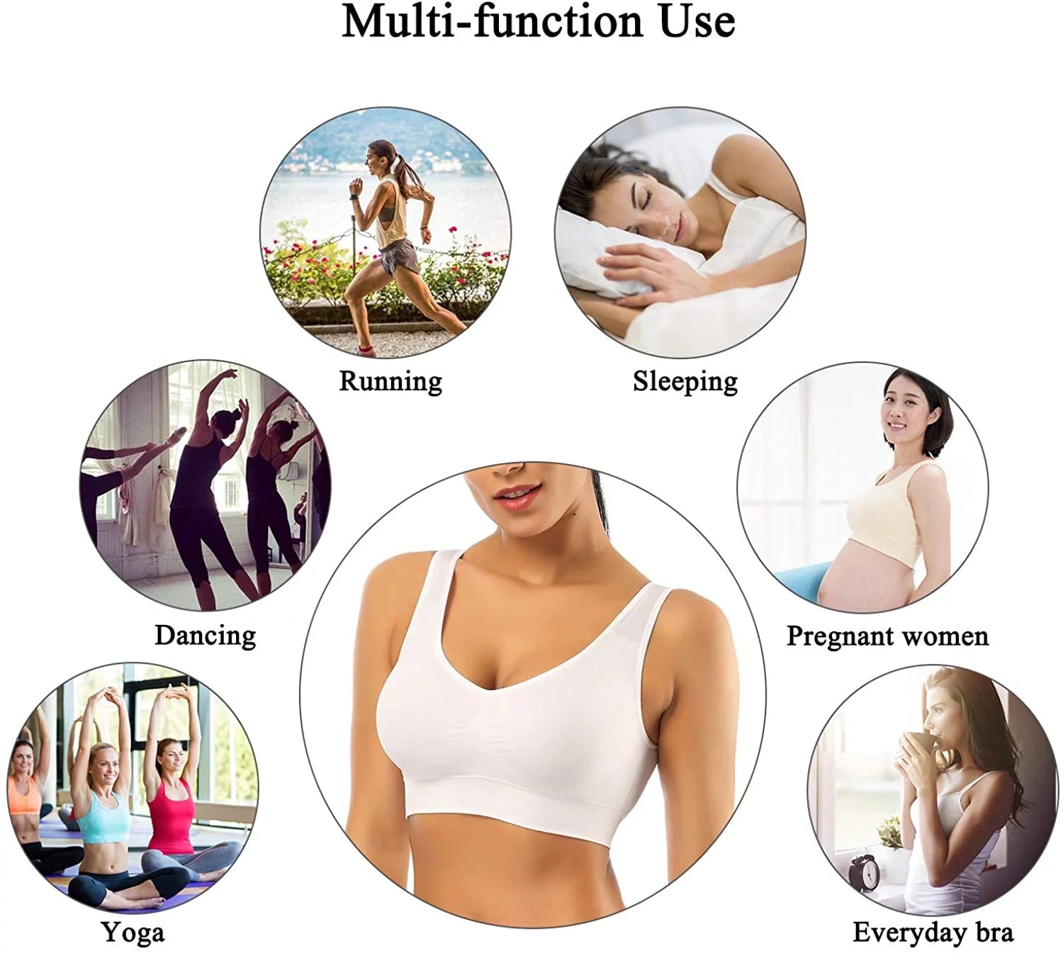 3 Pack Sports Bras for Women,Seamless Comfortable Bras Set with Removable Pads for Sleep,Pull on Closure,Black+White+Nude,L