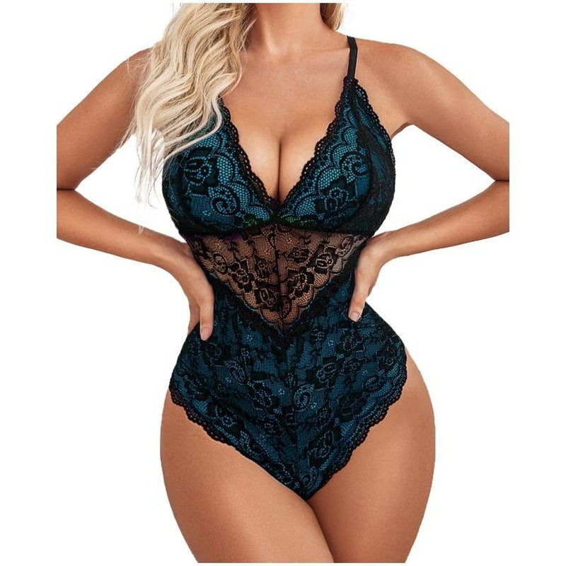 Avidlove Lingerie for Women One Piece Bodysuit with Buttoned Closure and Contrast Lace