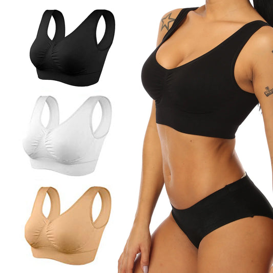 3 Pack Sports Bras for Women,Seamless Comfortable Bras Set with Removable Pads for Sleep,Pull on Closure,Black+White+Nude,L