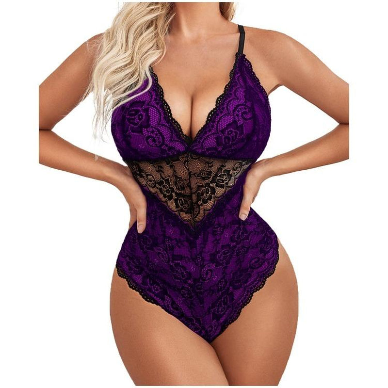 Avidlove Lingerie for Women One Piece Bodysuit with Buttoned Closure and Contrast Lace