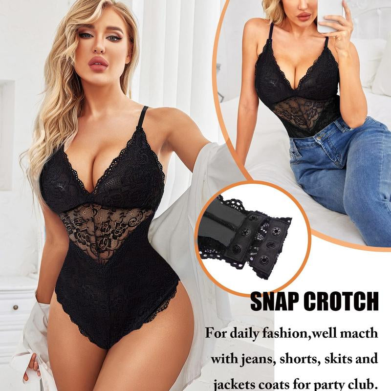Avidlove Lingerie for Women One Piece Bodysuit with Buttoned Closure and Contrast Lace