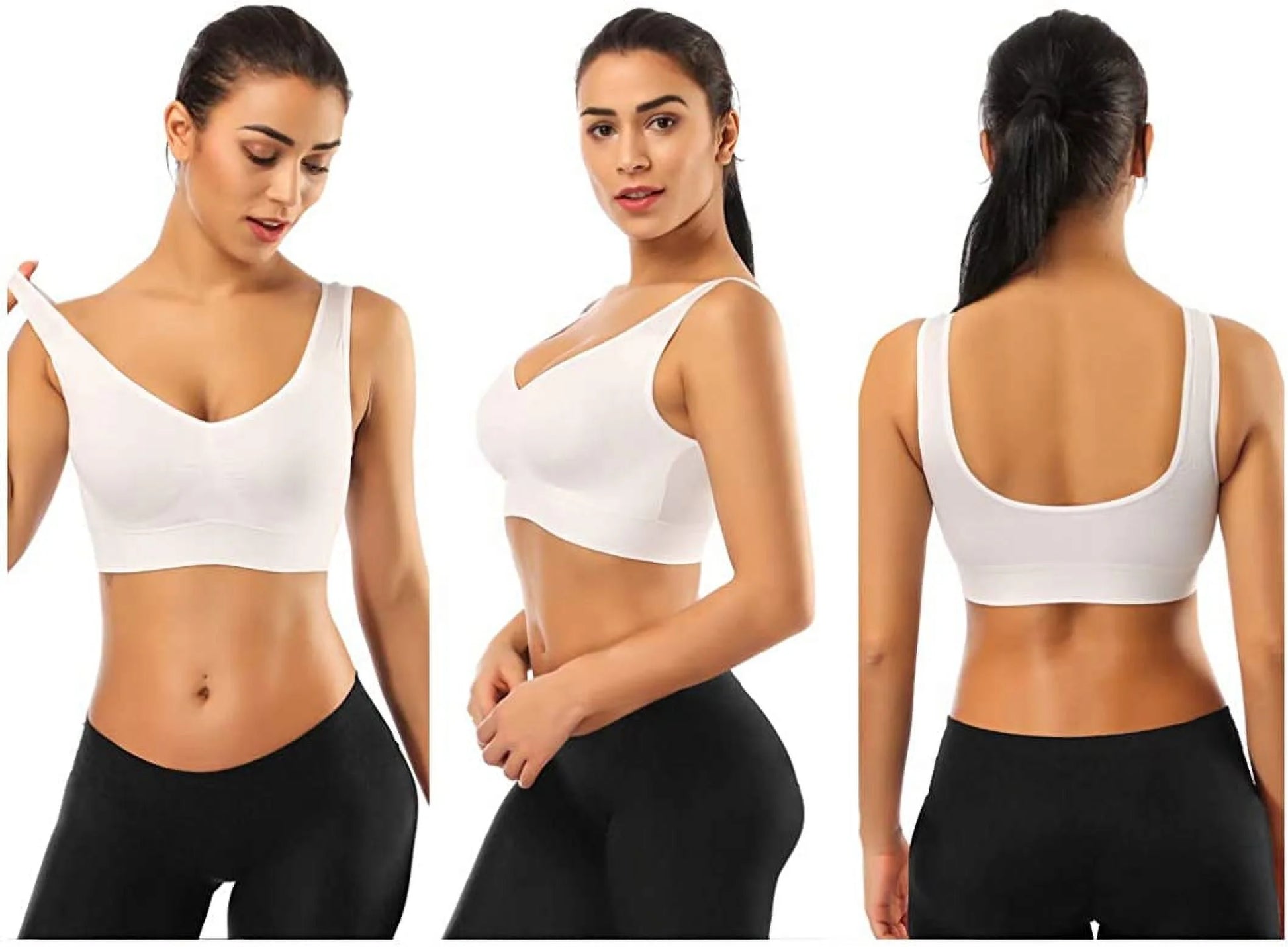 3 Pack Sports Bras for Women,Seamless Comfortable Bras Set with Removable Pads for Sleep,Pull on Closure,Black+White+Nude,L